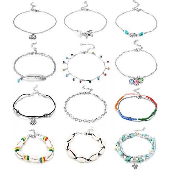 12PCS Ankle Bracelets For Women Anklets Chains Bracelets Foot Set; Length 8'~ 9' With 2'Extender Chain 12PCS Ankle Bracelets For Women Anklets Chains Bracelets Foot Set; Length 8'~ 9' With 2'Extender Chain